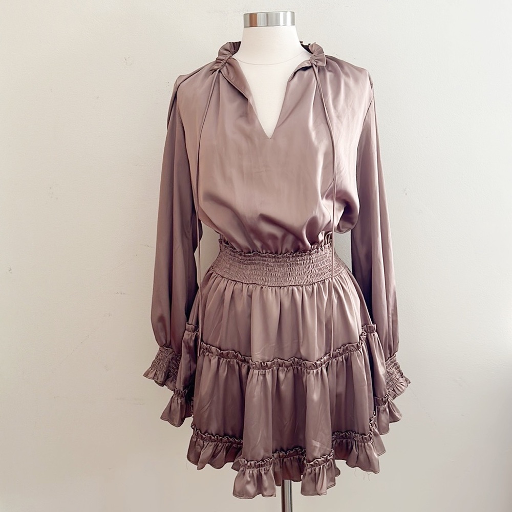 Women’s Taupe Long-Sleeve Smocked Waist Ruffle Dress